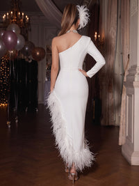Sheath Party Cocktail Dresses One Shoulder White Satin Ankle Length Long Sleeves Wedding Guest Dress With Feather Fur