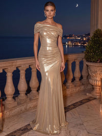 Mermaid Evening Gown Gold Off The Shouder Lurex Sleeveless Runched Formal Party Dress