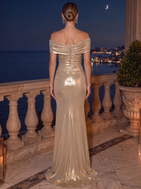 Mermaid Evening Gown Gold Off The Shouder Lurex Sleeveless Runched Formal Party Dress