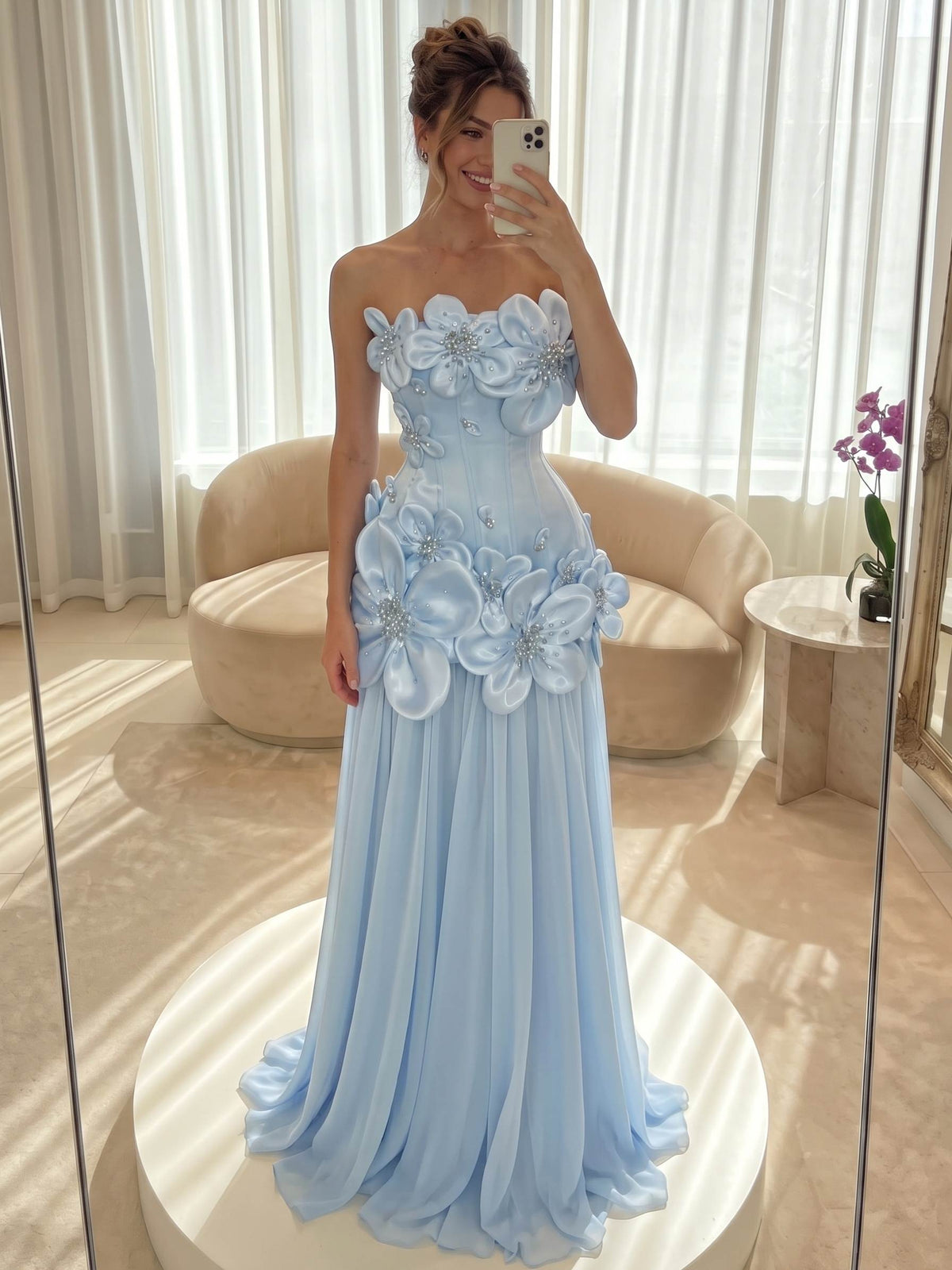 A-Line Evening Dresses Chiffon Strapless Sleeveless Floor-Length Formal Summer Wedding Guest Dresses With 3D Floral