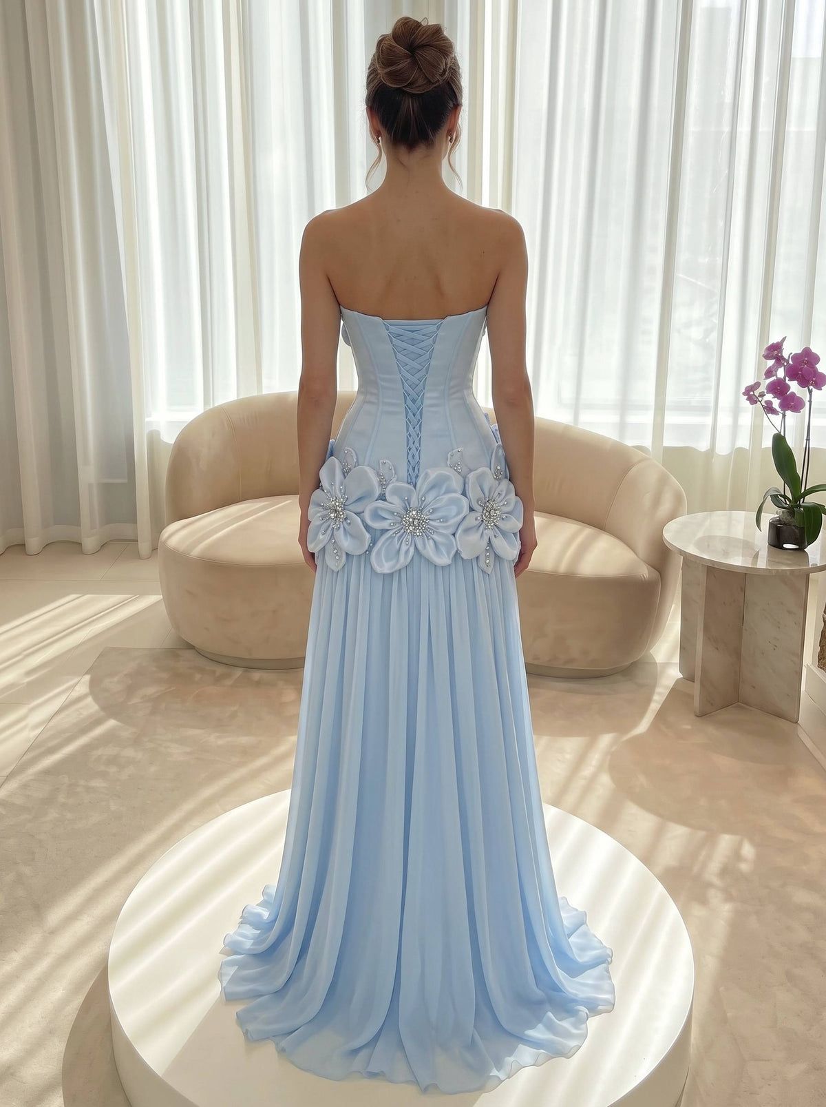 A-Line Evening Dresses Chiffon Strapless Sleeveless Floor-Length Formal Summer Wedding Guest Dresses With 3D Floral