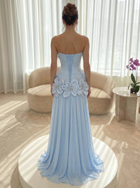 A-Line Evening Dresses Chiffon Strapless Sleeveless Floor-Length Formal Summer Wedding Guest Dresses With 3D Floral