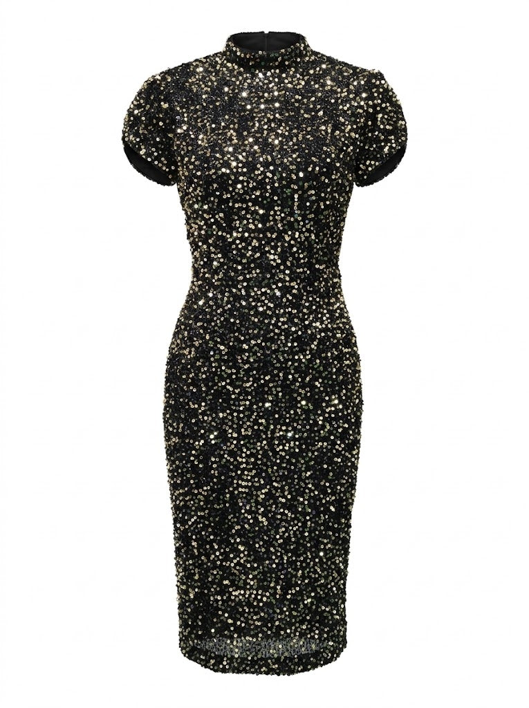 Sheath/Column Party Mini Dresses Tea Length Black Hgh Mock Neck Sequins Short Sleeves Formal Sparkly Party Dress