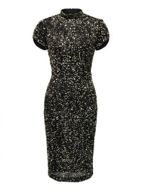 Sheath/Column Party Mini Dresses Tea Length Black Hgh Mock Neck Sequins Short Sleeves Formal Sparkly Party Dress