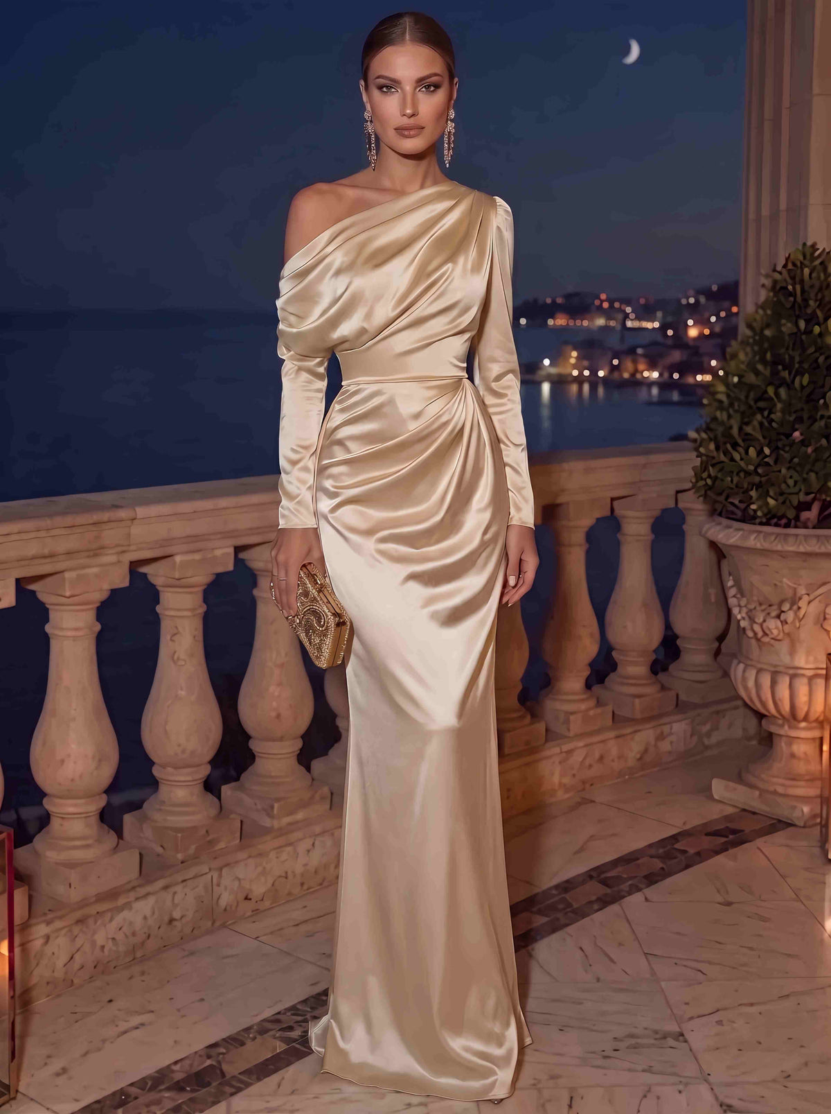 Sheath Evening Dress Satin One-Shoulder Long Sleeves Floor Length Runched Champagne Formal Wedding Guest Dress