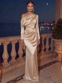 Sheath Evening Dress Satin One-Shoulder Long Sleeves Floor Length Runched Champagne Formal Wedding Guest Dress