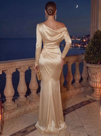 Sheath Evening Dress Satin One-Shoulder Long Sleeves Floor Length Runched Champagne Formal Wedding Guest Dress