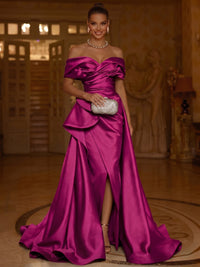A-Line/Princess Satin Evening Gown Luxury Elegant Formal Dress Runched Floor Length Sleeveless Off The Shoulder With High Slit