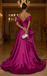 A-Line/Princess Satin Evening Gown Luxury Elegant Formal Dress Runched Floor Length Sleeveless Off The Shoulder With High Slit