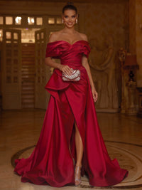 A-Line/Princess Satin Evening Gown Luxury Elegant Formal Dress Runched Floor Length Sleeveless Off The Shoulder With High Slit