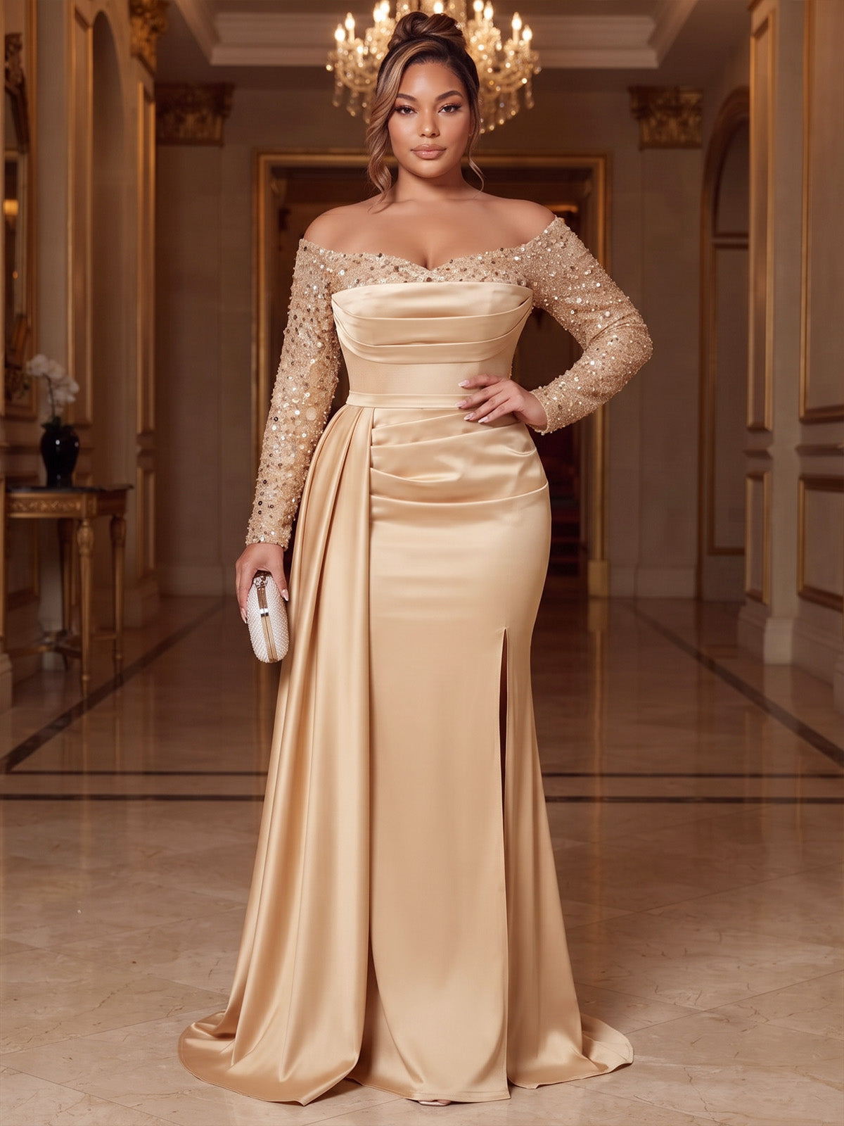 Sheath/Column Evening Plus Size Dresses Christmas Sequins Champagne Draped Off The Shoulder Formal Wedding Floor Length Sparkly Party Dress With Side Drape