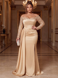 Sheath/Column Evening Plus Size Dresses Christmas Sequins Champagne Draped Off The Shoulder Formal Wedding Floor Length Sparkly Party Dress With Side Drape