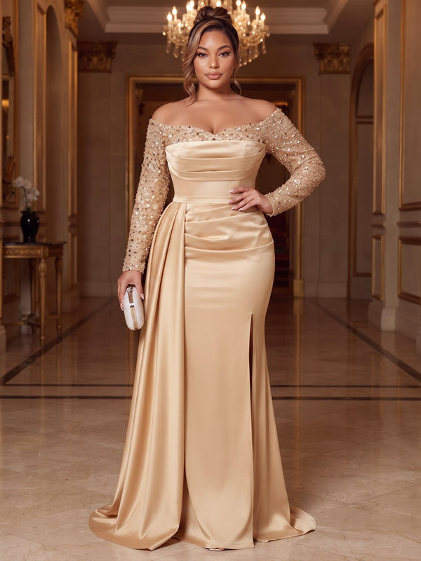 Sheath/Column Evening Plus Size Dresses Christmas Sequins Champagne Draped Off The Shoulder Formal Wedding Floor Length Sparkly Party Dress With Side Drape