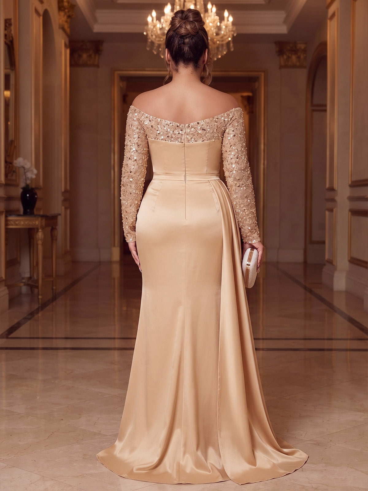 Sheath/Column Evening Plus Size Dresses Christmas Sequins Champagne Draped Off The Shoulder Formal Wedding Floor Length Sparkly Party Dress With Side Drape