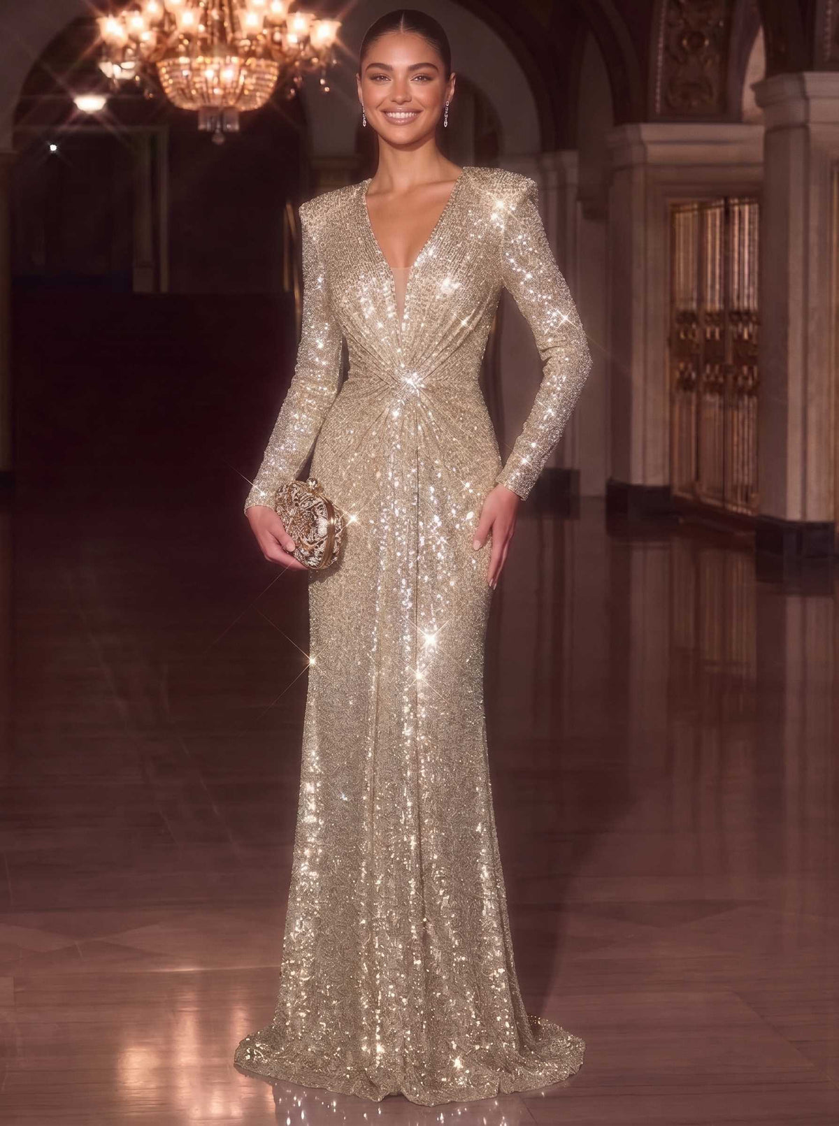 Sequin Mermaid Evening Gown Elegant Formal Dress Wedding Floor Length Sleeveless V Neck Shimmer Dress