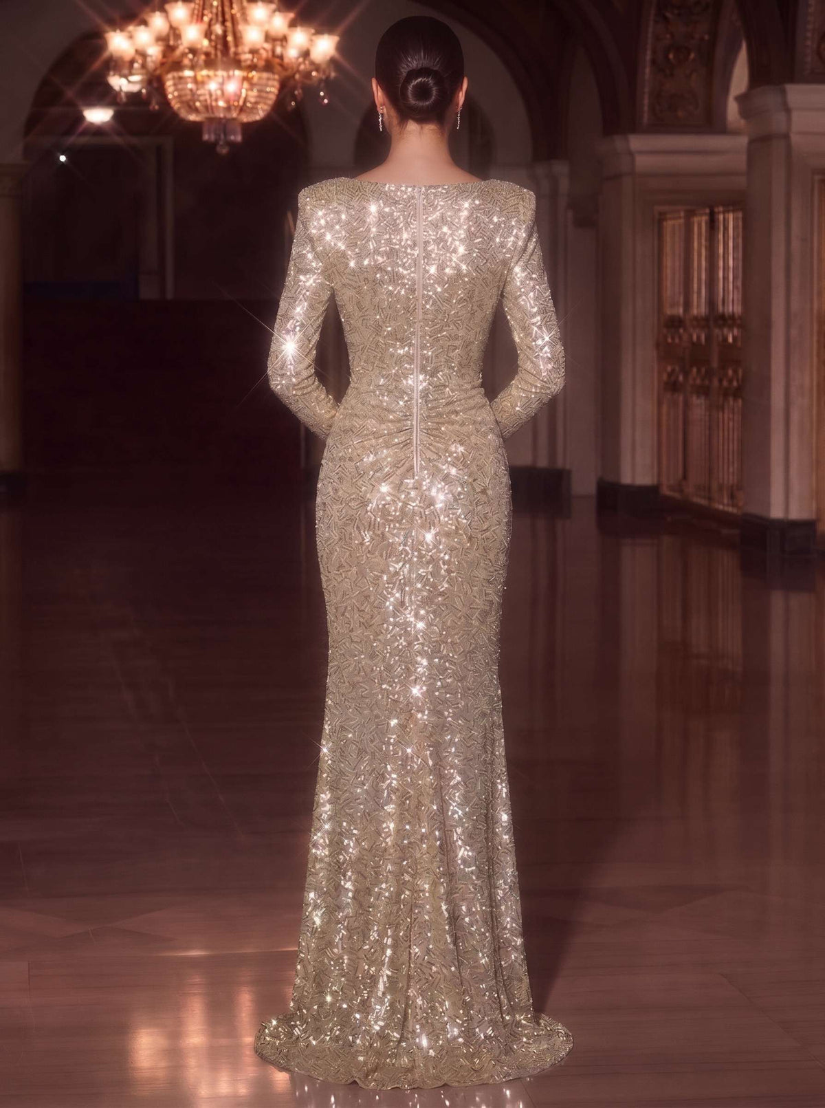 Sequin Mermaid Evening Gown Elegant Formal Dress Wedding Floor Length Sleeveless V Neck Shimmer Dress