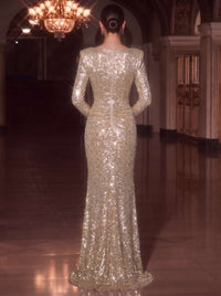 Sequin Mermaid Evening Gown Elegant Formal Dress Wedding Floor Length Sleeveless V Neck Shimmer Dress