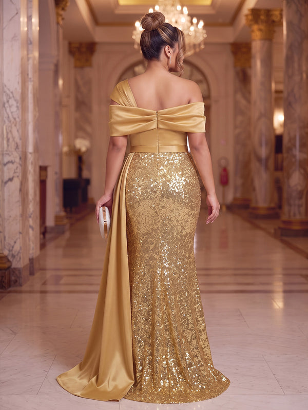 Sheath/Column Evening Plus Size Dresses Christmas Satin Sequins Gold Off The Shoulder Formal Wedding Floor Length Sparkly Party Dress With Side Drape