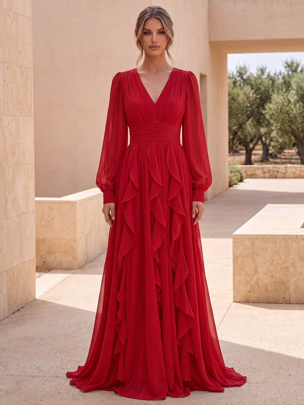 A Line/Princesses Formal Dresses Red Ruffles Grecian Style Chiffon Floor Length V Neck Long Sleeves Wedding Guest Dress