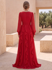 A Line/Princesses Formal Dresses Red Ruffles Grecian Style Chiffon Floor Length V Neck Long Sleeves Wedding Guest Dress