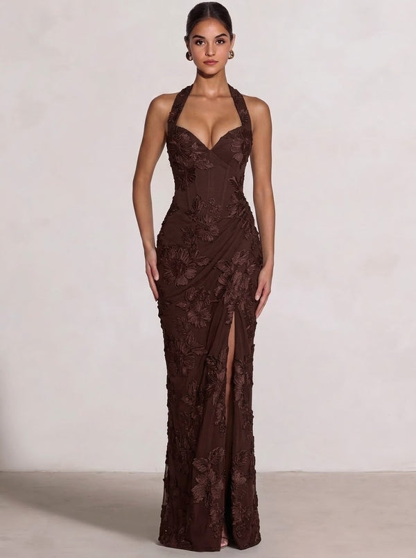 Sheath/Column Evening Dresses Halter Neck Brown Dresses Floor-length Wedding Guest With Flower Embroidery