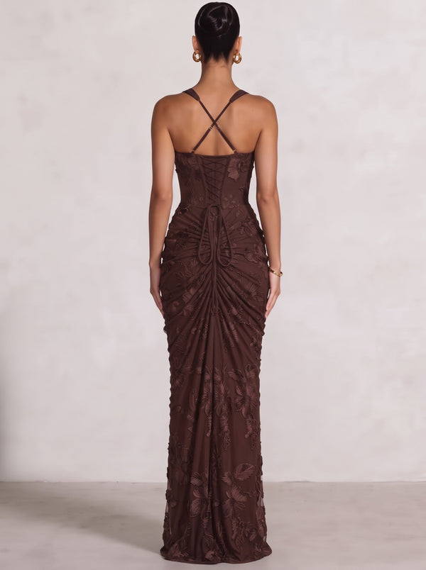 Sheath/Column Evening Dresses Halter Neck Brown Dresses Floor-length Wedding Guest With Flower Embroidery