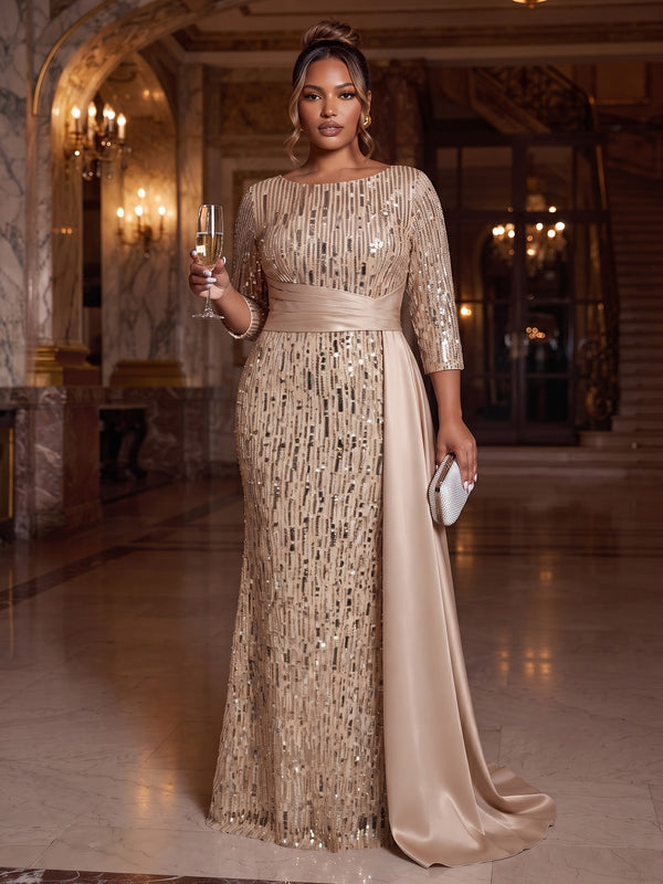 Sheath/Column Evening Plus Size Dresses Draped Satin Sequins Champagne Boat Neck Formal Wedding Floor Length Sparkly Party Dress With Side Drape