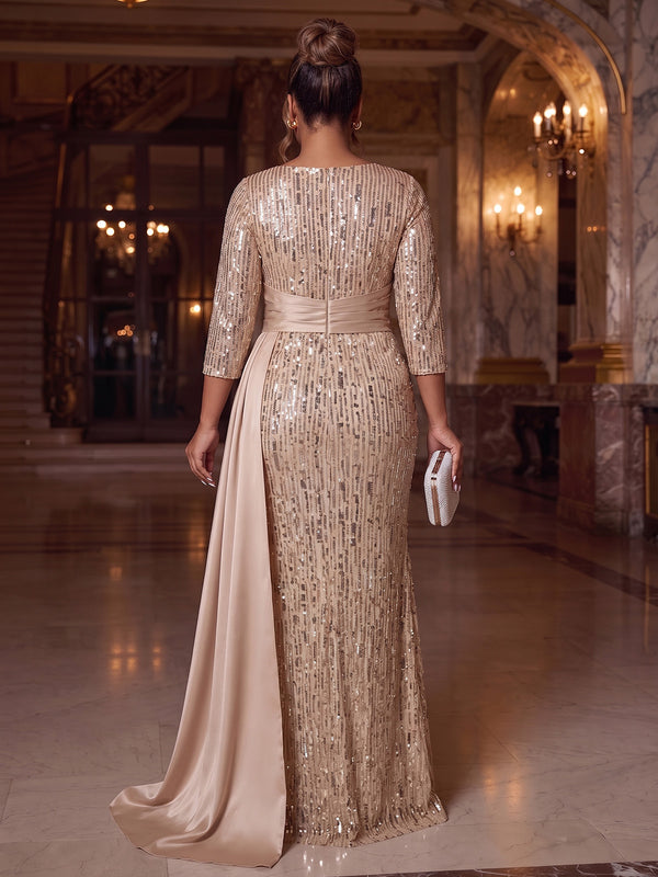 Sheath/Column Evening Plus Size Dresses Draped Satin Sequins Champagne Boat Neck Formal Wedding Floor Length Sparkly Party Dress With Side Drape