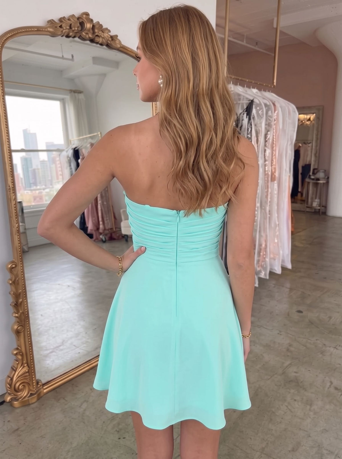 A-Line Homecoming Dress Strapless Sleeveless Turquoise Runched Mini Party Summer Dress