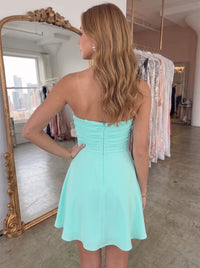 A-Line Homecoming Dress Strapless Sleeveless Turquoise Runched Mini Party Summer Dress