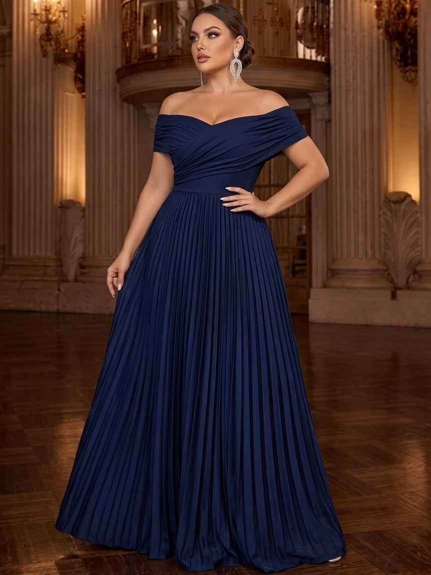 A Line Plus Size Dress Evening Gown Elegant Floor-Length Off The Shoulder Navy Blue Runched Pleated Dress