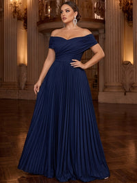 A Line Plus Size Dress Evening Gown Elegant Floor-Length Off The Shoulder Navy Blue Runched Pleated Dress