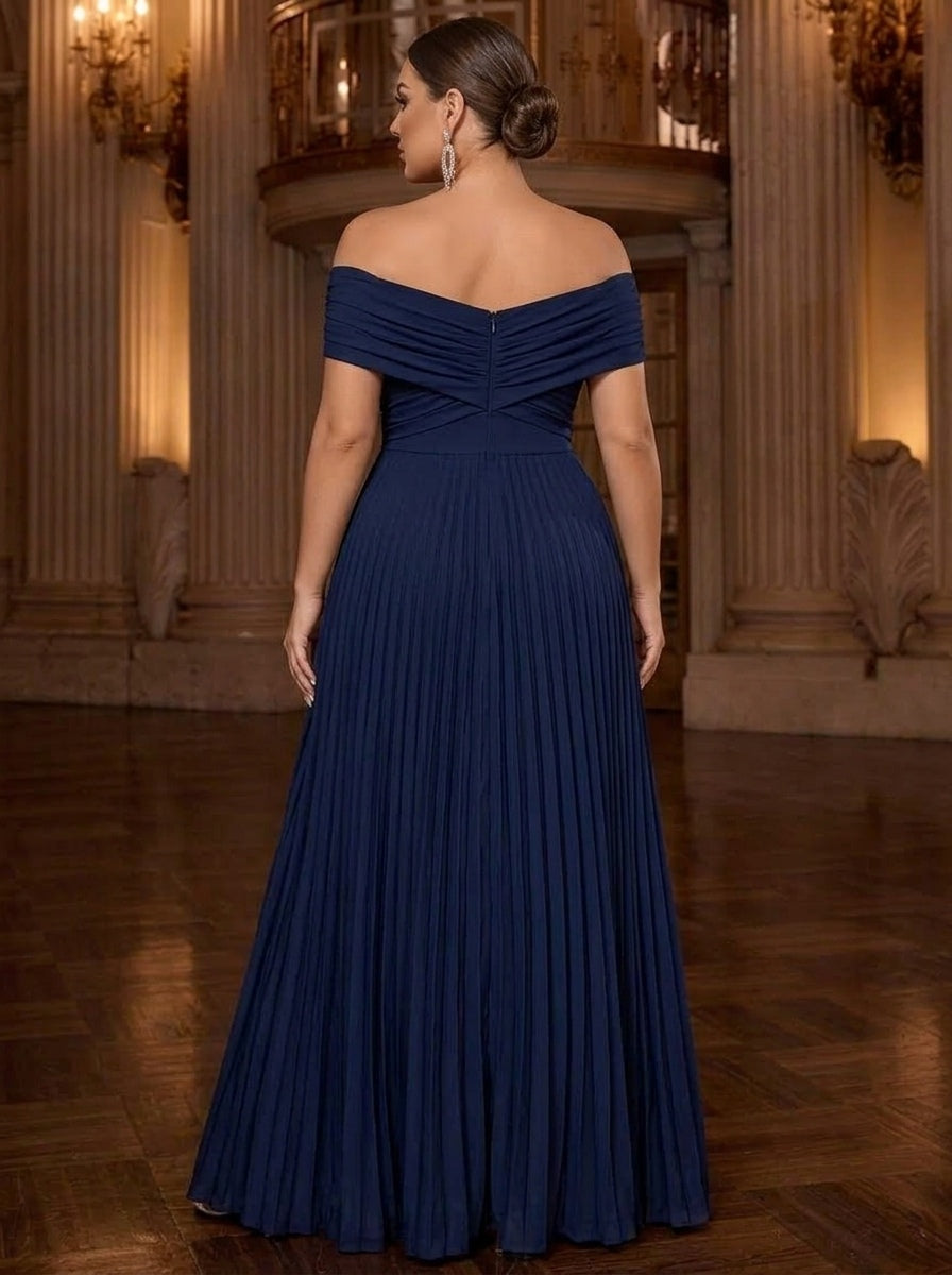 A Line Plus Size Dress Evening Gown Elegant Floor-Length Off The Shoulder Navy Blue Runched Pleated Dress