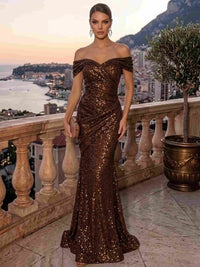 Mermaid Sequin Evening Gown Formal Dress Glamorous Brown Off The Shoulder Wedding Floor Length Sleeveless Runched Sequined Dress