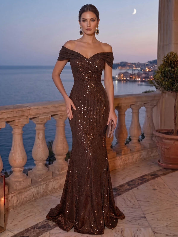 Mermaid Sequin Evening Gown Formal Dress Glamorous Brown Off The Shoulder Wedding Floor Length Sleeveless Runched Sequined Dress