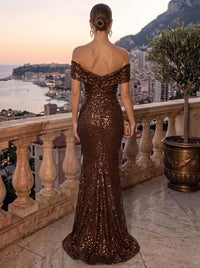Mermaid Sequin Evening Gown Formal Dress Glamorous Brown Off The Shoulder Wedding Floor Length Sleeveless Runched Sequined Dress