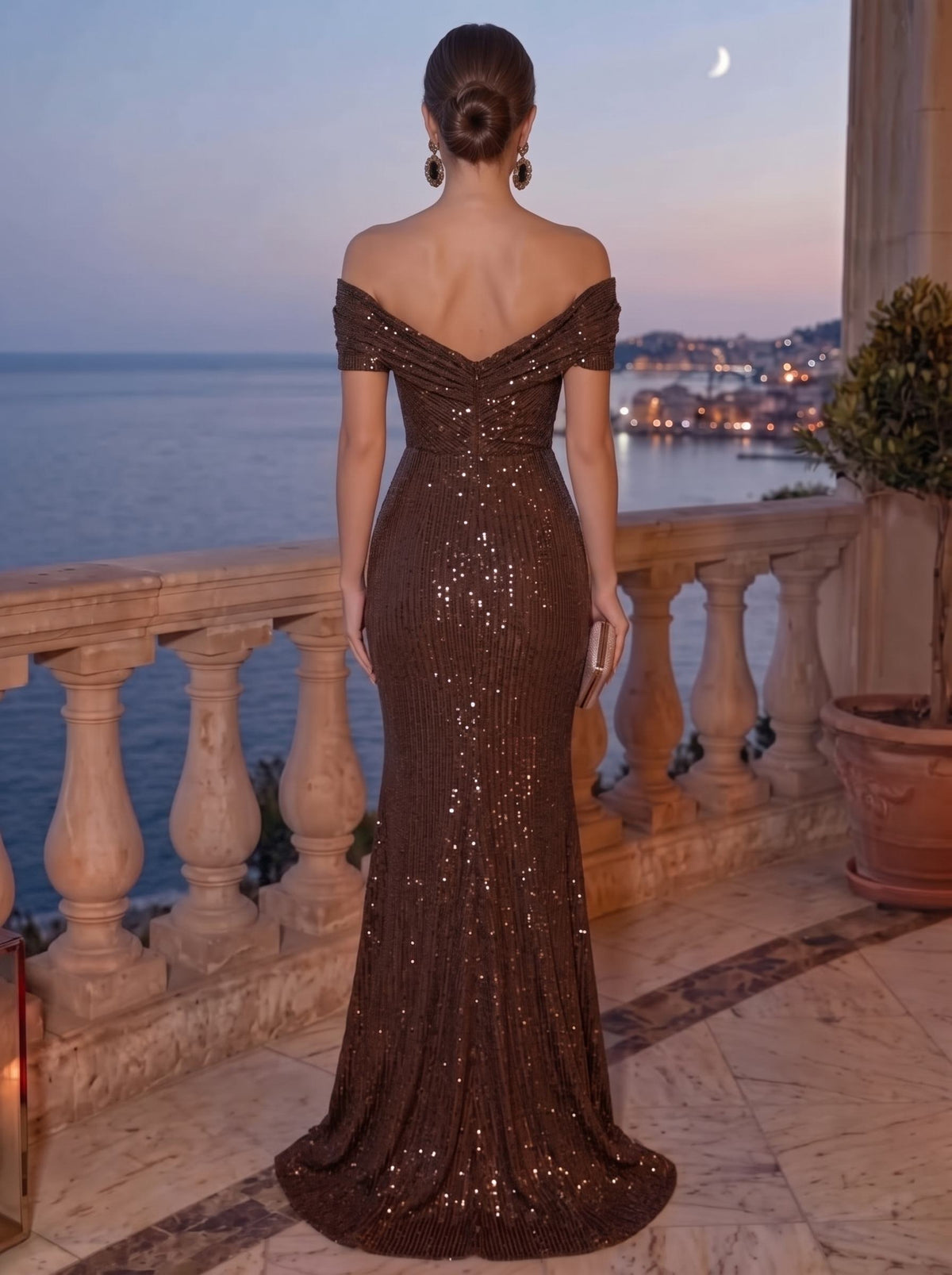 Mermaid Sequin Evening Gown Formal Dress Glamorous Brown Off The Shoulder Wedding Floor Length Sleeveless Runched Sequined Dress