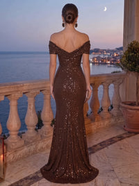 Mermaid Sequin Evening Gown Formal Dress Glamorous Brown Off The Shoulder Wedding Floor Length Sleeveless Runched Sequined Dress