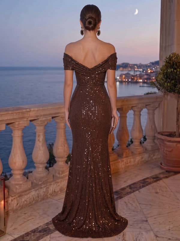 Mermaid Sequin Evening Gown Formal Dress Glamorous Brown Off The Shoulder Wedding Floor Length Sleeveless Runched Sequined Dress