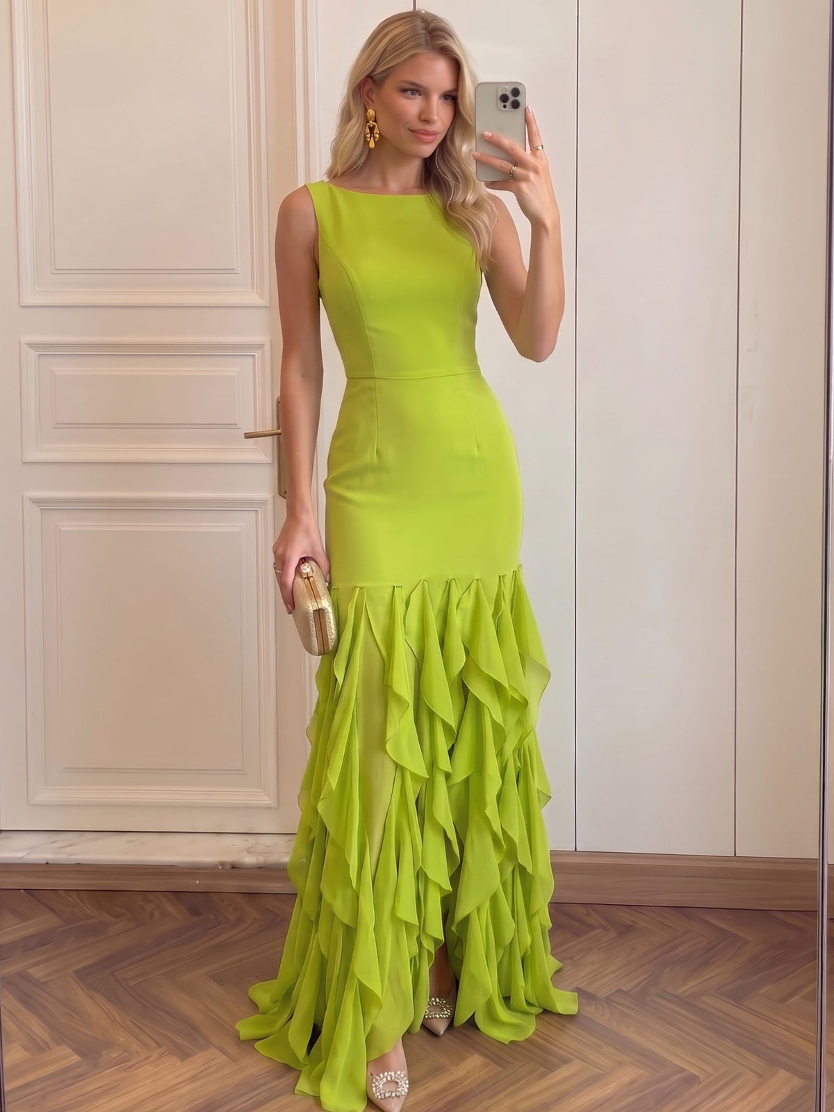 Sheath/Column Formal Dresses Red Ruffles Fringe Sleeveless Floor Length Sleeveless Wedding Guest Dress