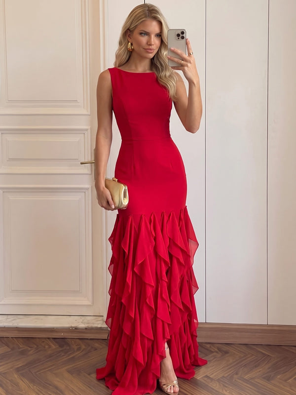 Sheath/Column Formal Dresses Red Ruffles Fringe Sleeveless Floor Length Sleeveless Wedding Guest Dress