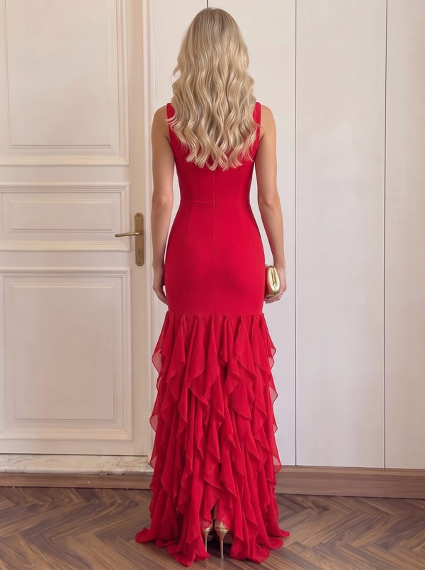 Sheath/Column Formal Dresses Red Ruffles Fringe Sleeveless Floor Length Sleeveless Wedding Guest Dress