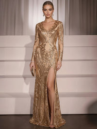 Trumpet/Mermaid Evening Dress Luxury V-Neck Long Sleeves Floor-Length Evening Gown with Sequin High Slit
