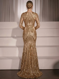 Trumpet/Mermaid Evening Dress Luxury V-Neck Long Sleeves Floor-Length Evening Gown with Sequin High Slit
