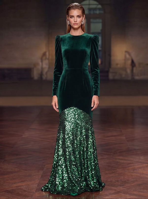 Sheath Velvet Evening Gown Floor Length Boat Neck Long Sleeves Emerald Sequins Formal Wedding Guest Dress