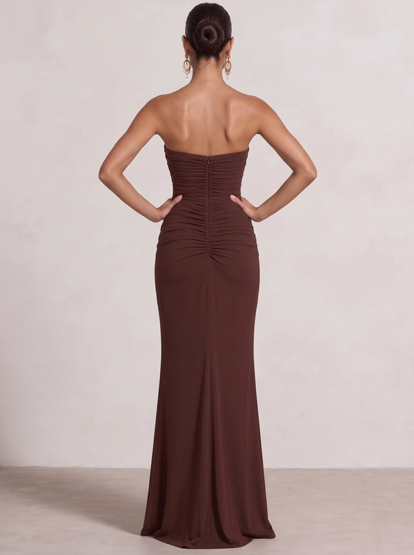 Sheath Evening Gown Formal Dress Brown Strapless Runched Wedding Floor Length Sleeveless Dress With Side Draped Ruffle High Slit