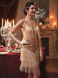 Sheath Sequins Party Dresses 1920s Vintage Flapper Dress Great Gatsby Champagne Fringe Boat Neck Short Mini Dress Sleeveless Shimmer Party Dress