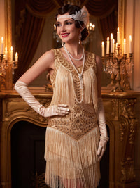 Sheath Sequins Party Dresses 1920s Vintage Flapper Dress Great Gatsby Champagne Fringe Boat Neck Short Mini Dress Sleeveless Shimmer Party Dress