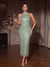 Sheath/Column Party Ankle Length Evening Dresses Sequins Halter Neck Sage Formal Tea-Length Sparkly Party Dress