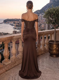 Sheath Evening Dress Brown Off The Shoulder Basque Waist Sleeveless Basque Waist Runched Lace Satin Formal Wedding Guest Dress